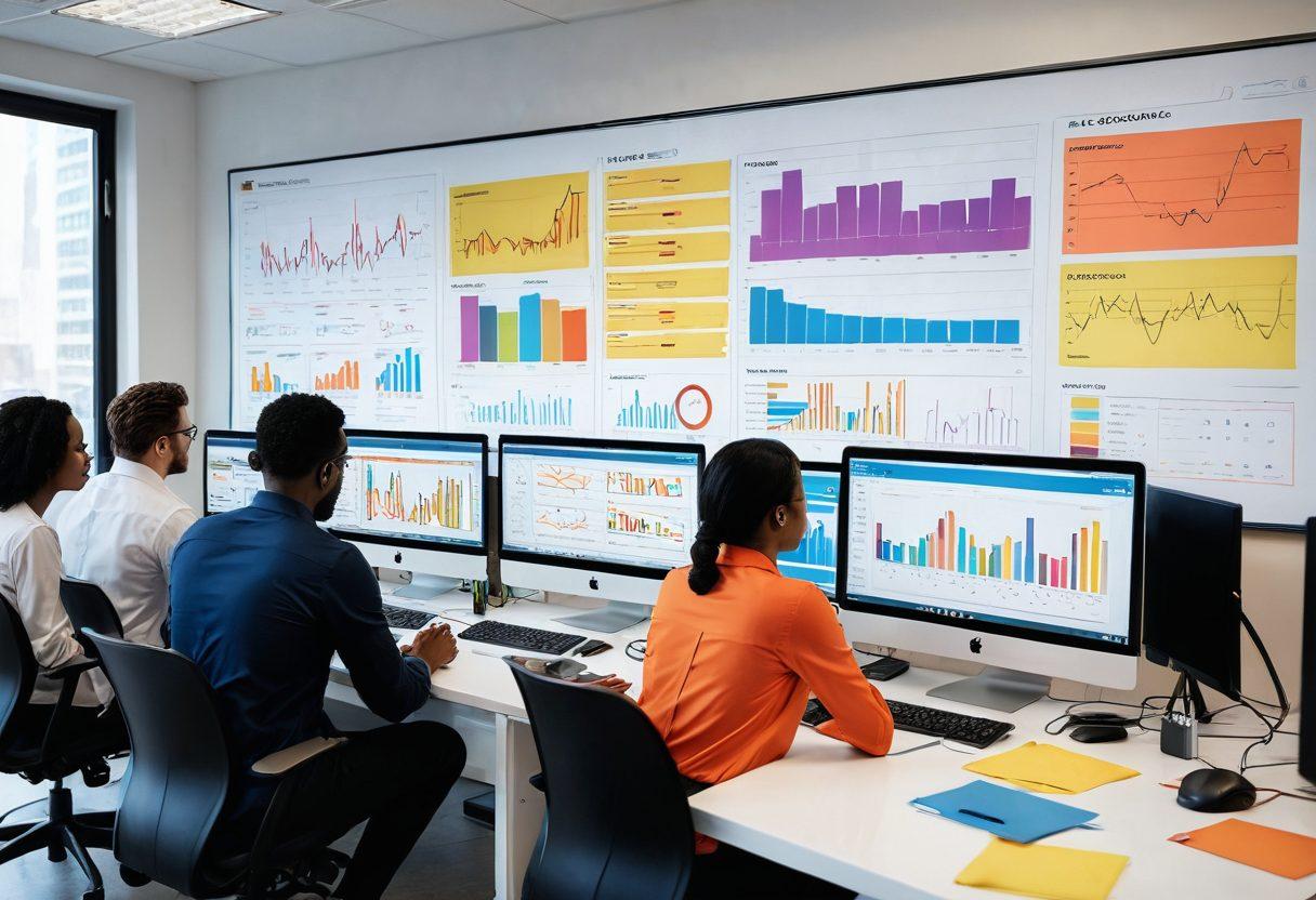 A detailed illustration showing a diverse team of professionals gathered around a large digital dashboard, analyzing defect tracking data with charts and graphs displaying trends. The atmosphere should convey collaboration, with tools like laptops and sticky notes scattered around, symbolizing an organized yet creative work environment. Bright colors to evoke a sense of optimism and clarity. super-realistic. vibrant colors. white background.
