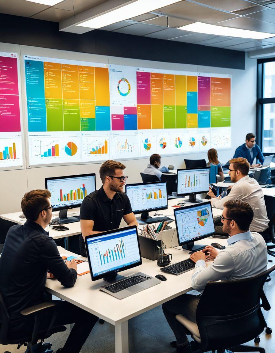A professional QA team collaborating in a bright, modern office, analyzing charts and graphs of defect reports on large screens. The focus is on diverse team members engaged in discussions with sticky notes and laptops around them, conveying a sense of teamwork and innovation. Bright colors with a balance of tech elements like code snippets and performance metrics. super-realistic. vibrant colors. modern office setting.