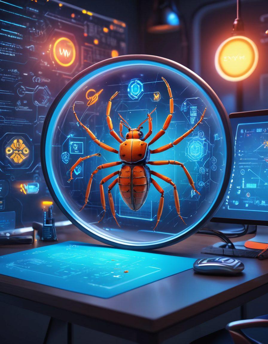 A beautifully organized digital workspace filled with various bug icons and tools symbolizing bug management: a magnifying glass inspecting a bug, a checklist being marked, and a glowing resolution symbol at the center. The background features interconnected circuitry and code snippets, showing the tech aspect of bug resolution. Use vibrant colors to enhance the energy of problem-solving. super-realistic. vibrant colors. 3D.